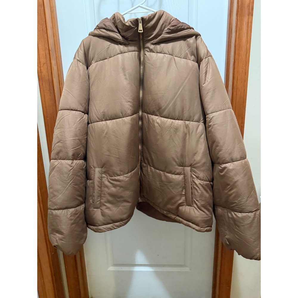 Fashion Nova Dont Rain On My Puffer Jacket Taupe Brown Hooded Zip Up NY-JK247 3X